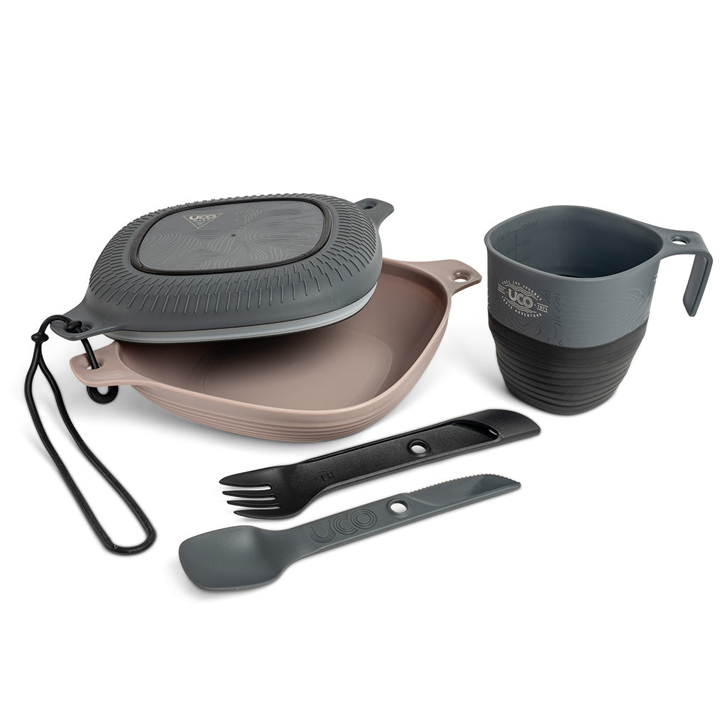 UCO 6-Piece Mess Kit, featuring a bowl, plate, collapsible Camp Cup, 2-piece Switch Spork, and tether. Designed for outdoor adventures and everyday use.