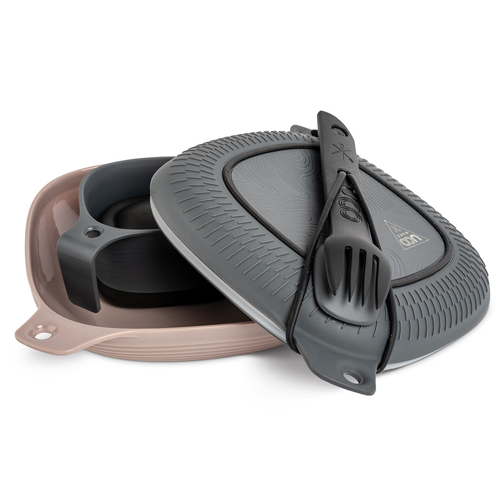 All 6 pieces of the UCO Mess Kit displayed: bowl, lid/plate, collapsible Camp Cup, and 2-piece Switch Spork with tethe