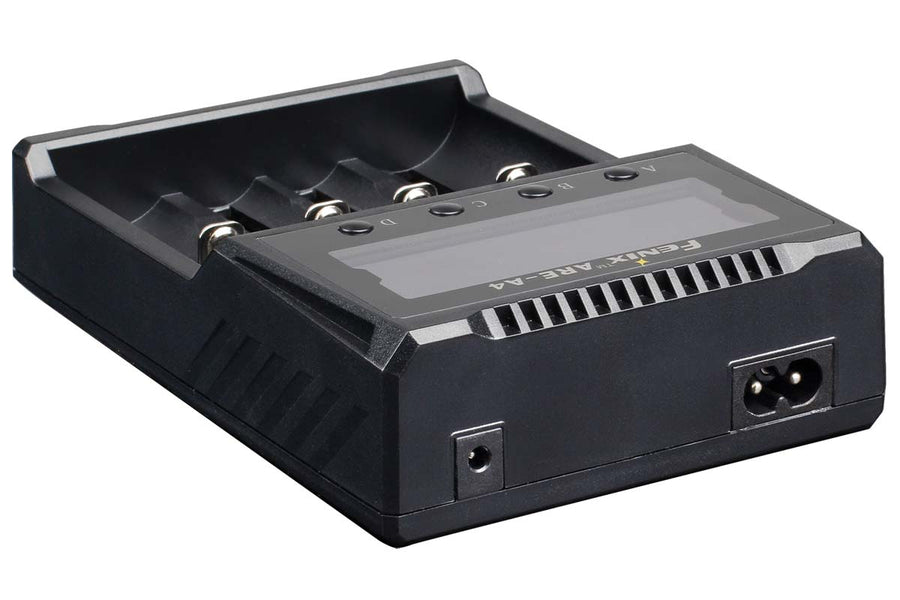 Close-up of Fenix ARE-A4 charger bay showing battery contacts