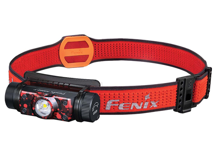 Fenix HM62-T headlamp headband with built-in emergency whistle for user safety.