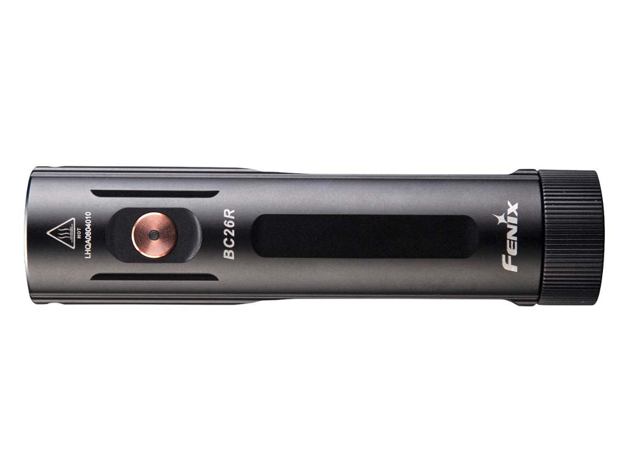 Fenix BC26R bike light displayed alongside its accessories: a 21700 5000mAh rechargeable Li-ion battery