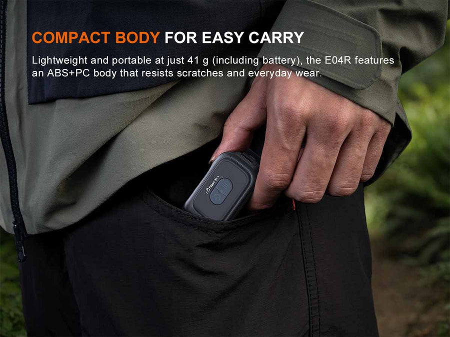 Person placing a compact device into a pocket with text about its compact body and portability.