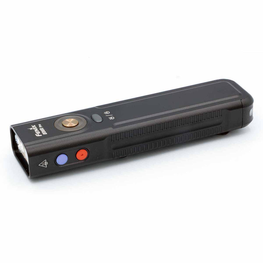 Fenix E06R PRO flat flashlight front view showing dual light heads and flat body