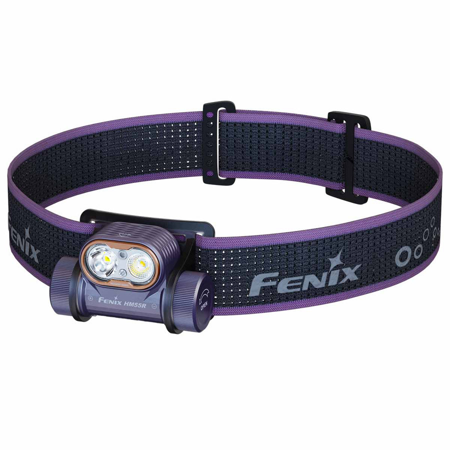 Fenix HM55R headlamp tilted forward to show adjustable light angle and side switch