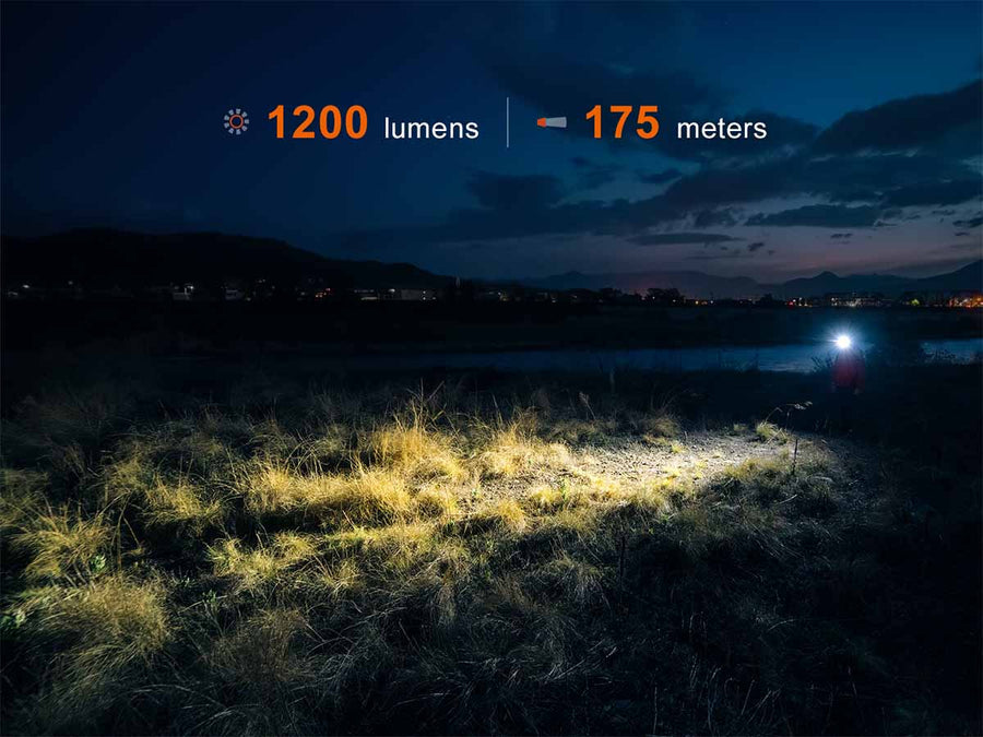 Fenix HM55R spotlight beam illuminating dark trail — high output mode