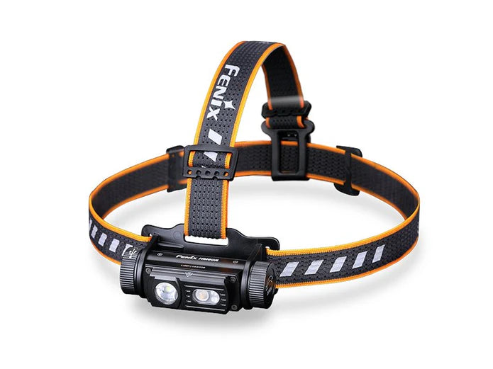 Close-up of the Fenix HM60R headlamp, showing its aluminum body and compact design with a headband.