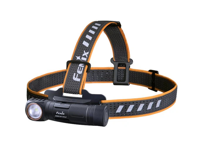 Close-up of the Fenix HM61R V2.0 headlamp, highlighting its sleek design and large side switch.