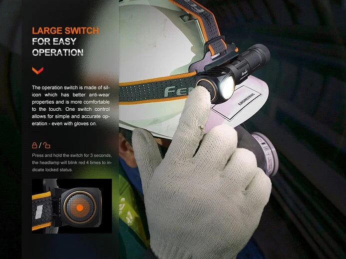 A person wearing the Fenix HM61R V2.0 headlamp while working in an industrial setting, demonstrating its practical use for hands-free illumination.
