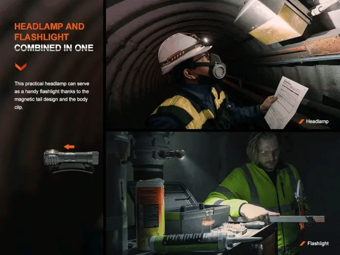 The included Fenix ARB-L18-3400 Li-ion battery displayed next to the headlamp, emphasizing its extended runtime.