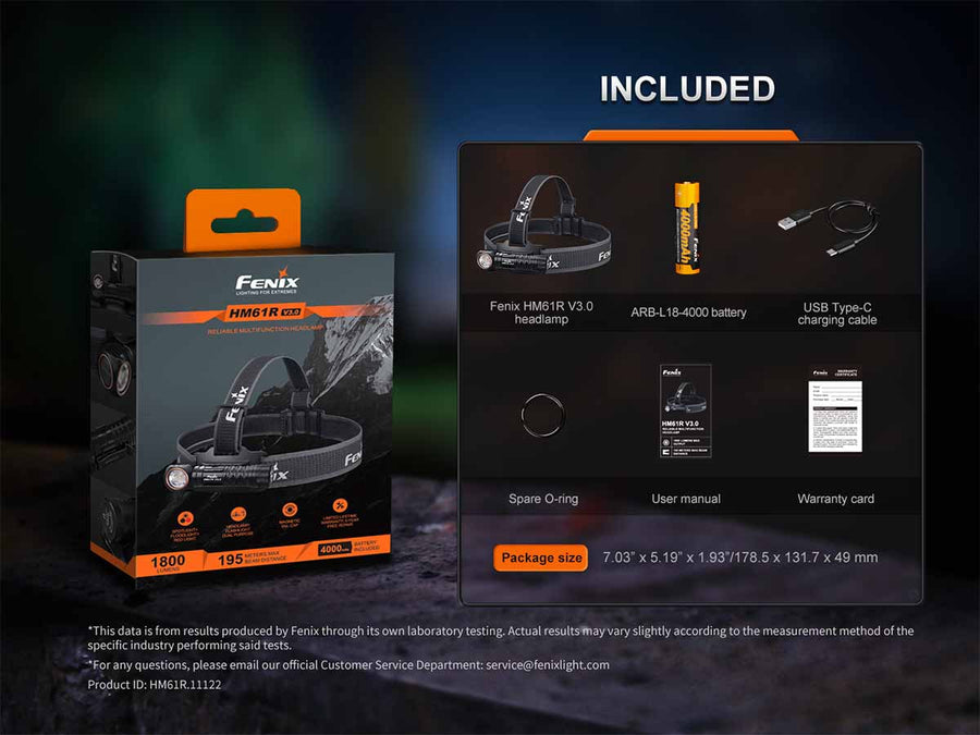 Fenix headlamp packaging with included items displayed on a dark background