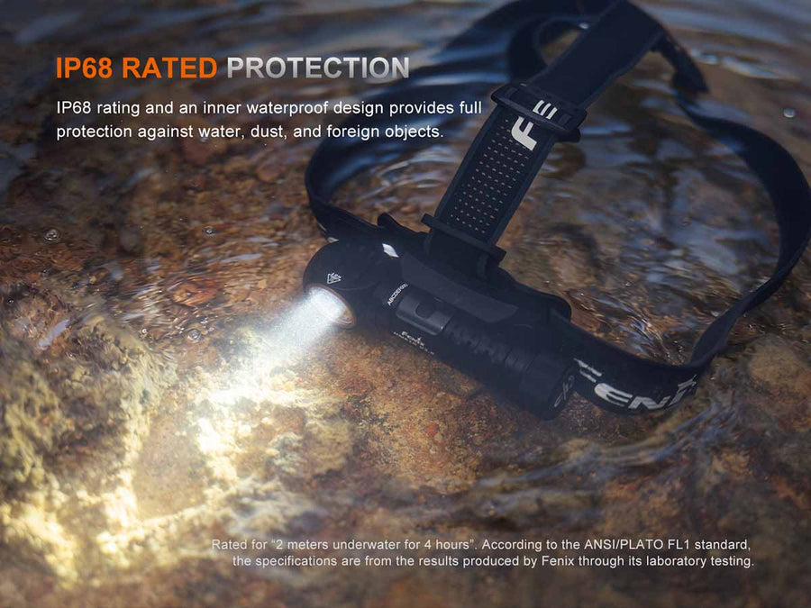 Fenix headlamp with IP68 rating feature on a wet surface