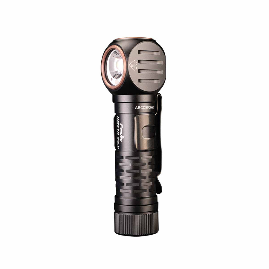 Front view of Fenix HM61R V2.0 rechargeable headlamp showing LED light and headband