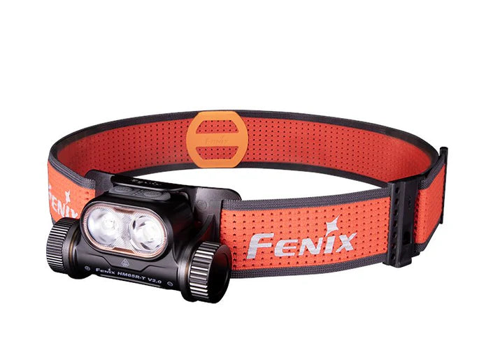 Fenix HM65R-T V2.0 lightweight rechargeable headlamp in magnesium alloy, featuring dual LEDs and a durable black finish