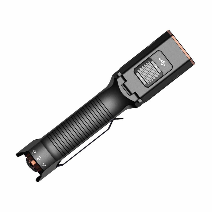 Side profile of Fenix TK28R flashlight with dual tail switches and toggle mode switch visible