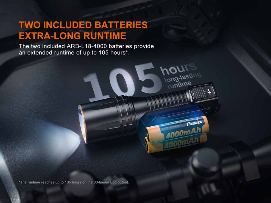 Fenix TK35R flashlight with two 4000mAh rechargeable batteries and USB-C charging cable