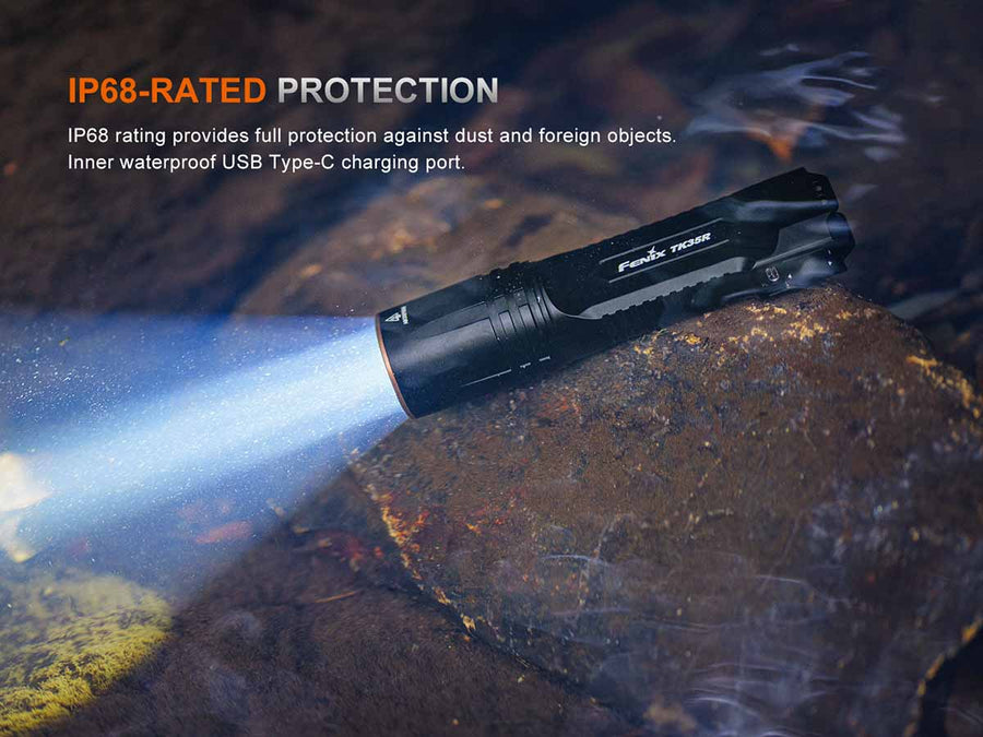 Rechargeable Fenix TK35R tactical flashlight with dual 4000mAh batteries and USB-C charging