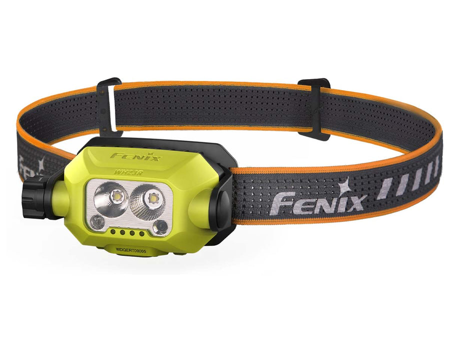 The Fenix WH23R Work Headlamp, a compact black and gray headlamp with two LED light sources and an adjustable elastic headband.