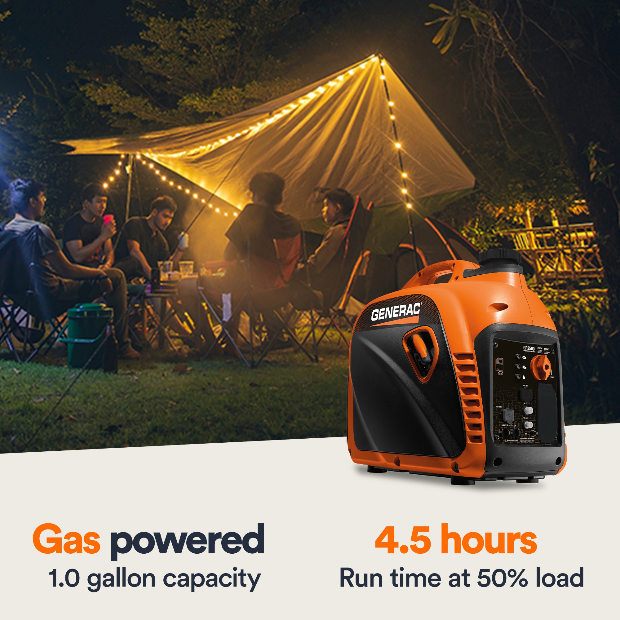 Compact portable generator with USB charging ports and covered outlets