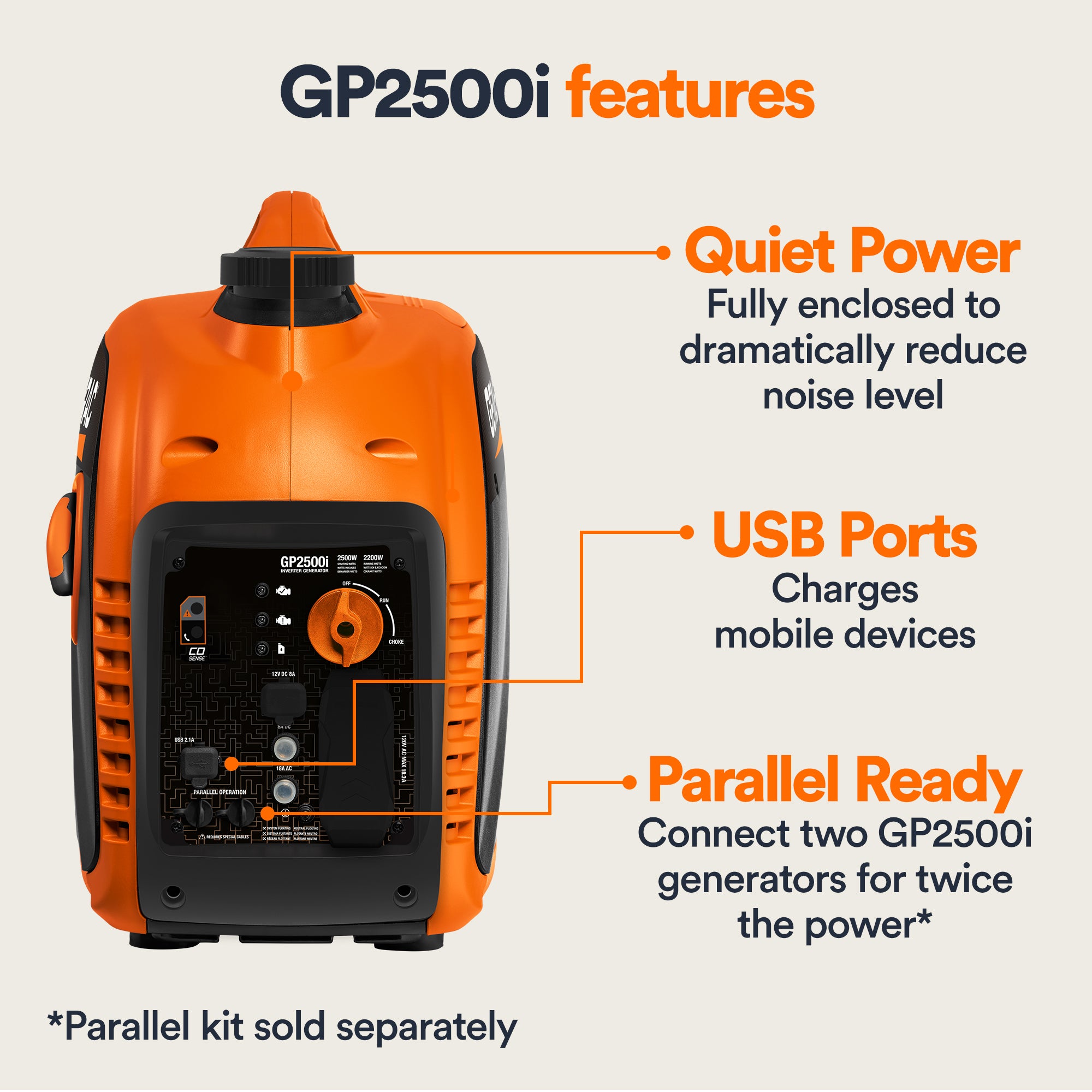 Parallel-ready GP2500i inverter generator for connecting two units for extra power