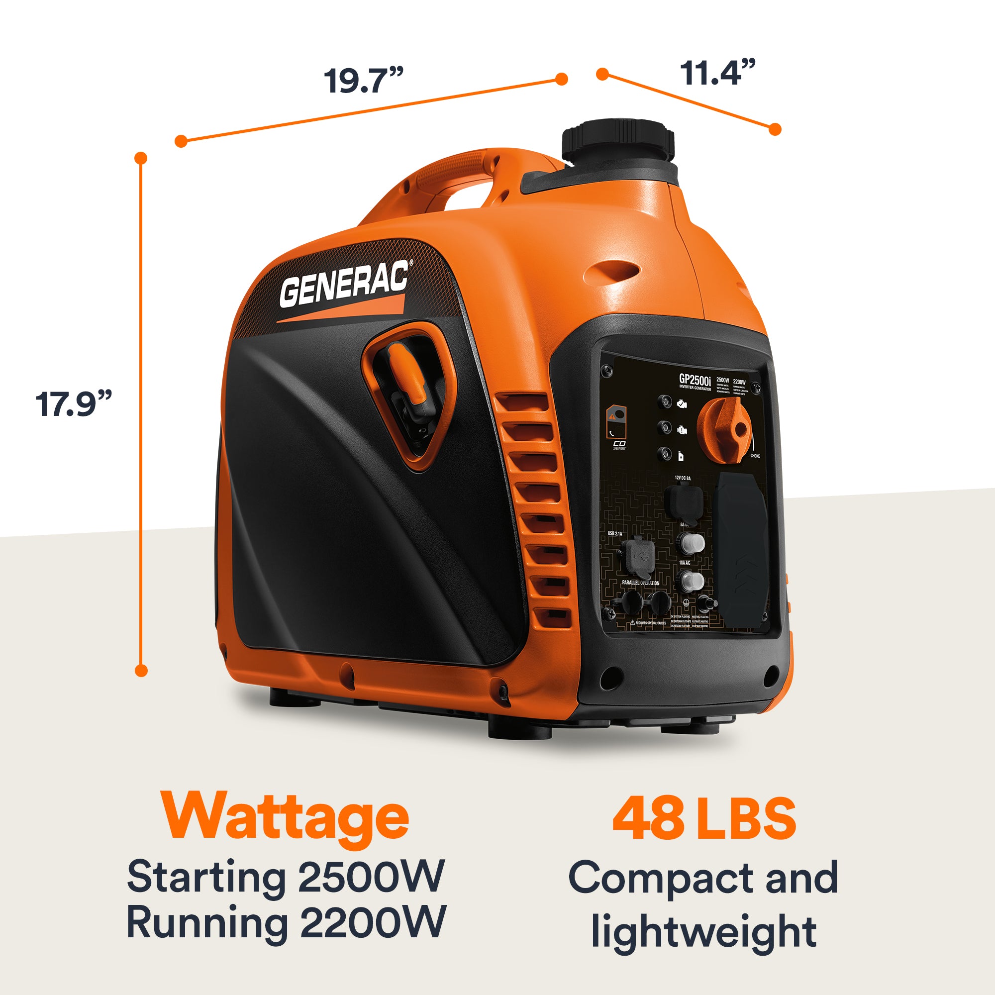 Generac portable generator with dimensions and specifications on a white background