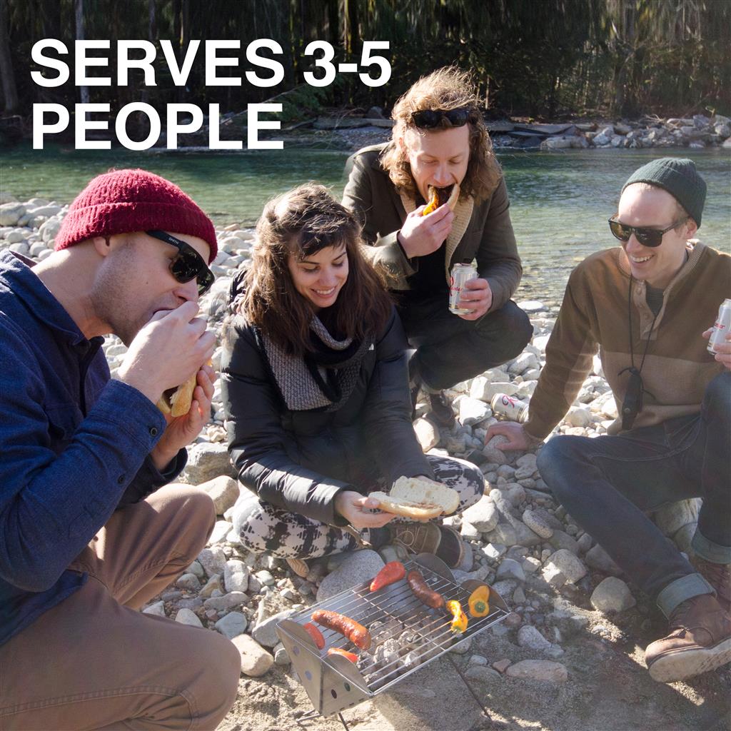 Flatpack portable grill fully set up with stainless steel construction and a stable base, ready for grilling