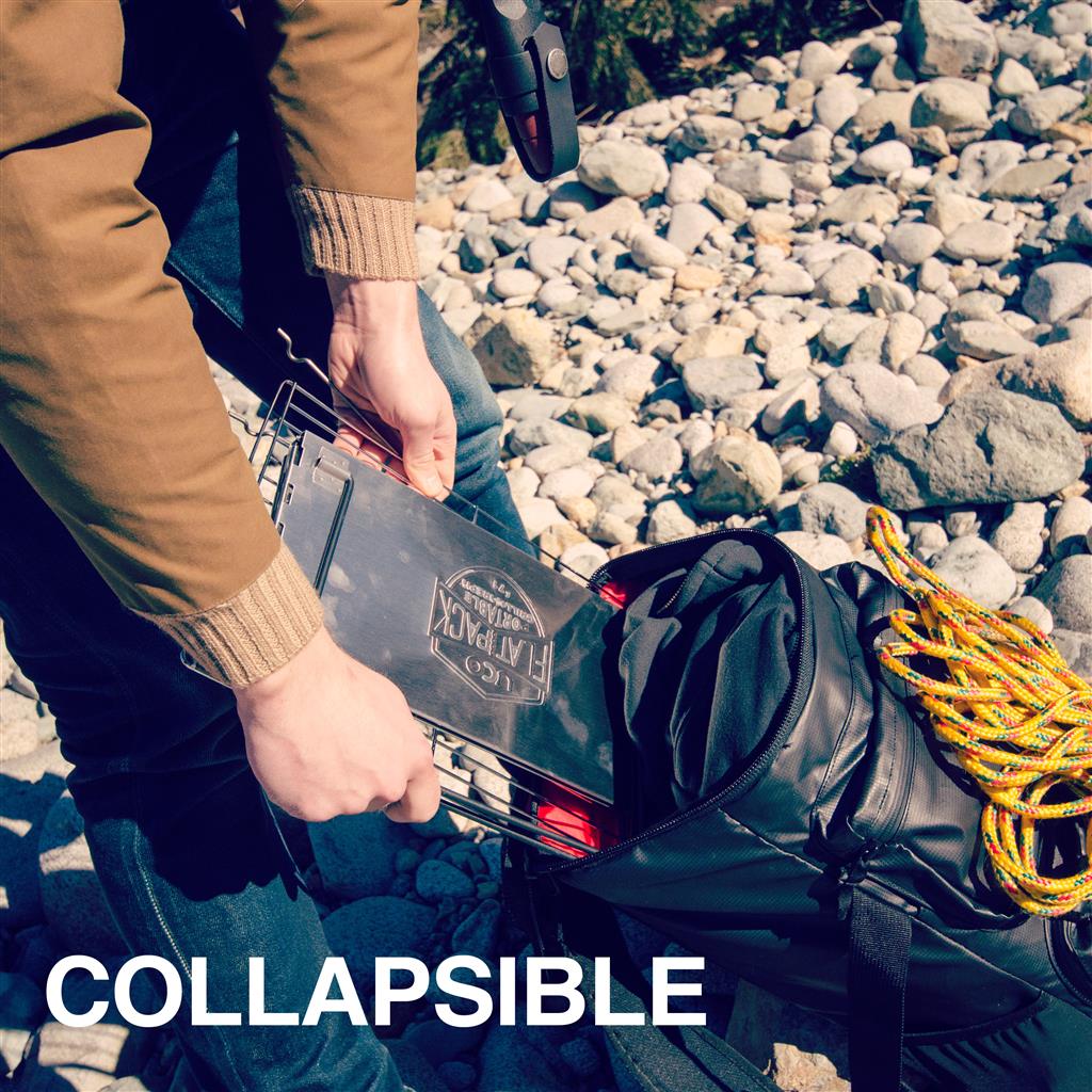 Dimensions and specifications of the Flatpack portable grill displayed in a diagram with both packed and opened measurements