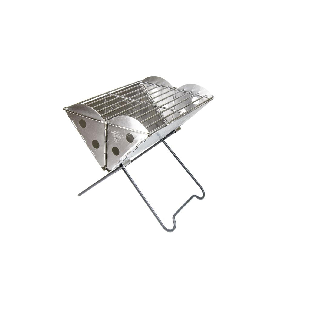 Mini Flatpack portable grill folded compactly for easy transportation, showcasing its sleek stainless steel construction.