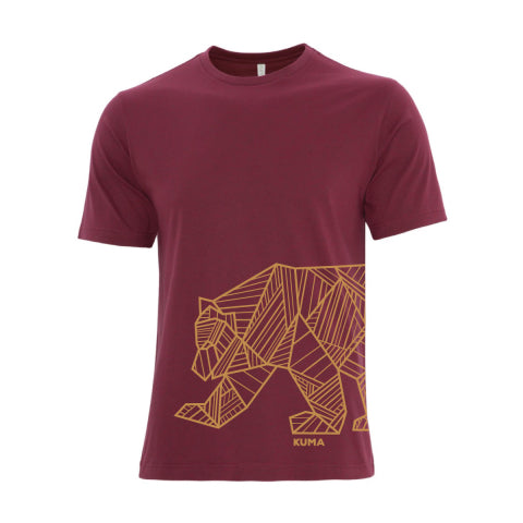 Maroon t-shirt with geometric bear design and 'Kuma' branding on a white background
