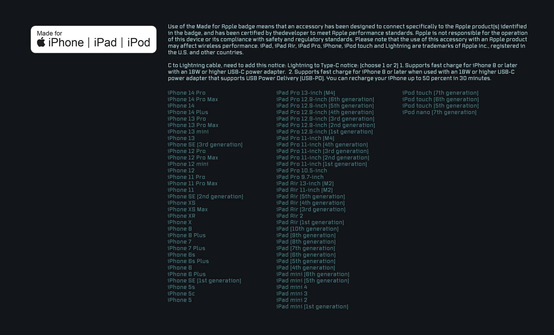 Clean, flat lay of the Lightning to USB-C cable with key details listed: 37-inch (93.98 cm) length, 2.18 oz (61.8 g) weight, 30 feet (9 m) of paracord, 18W charging speed, and 480 Mbps data transfer speed.