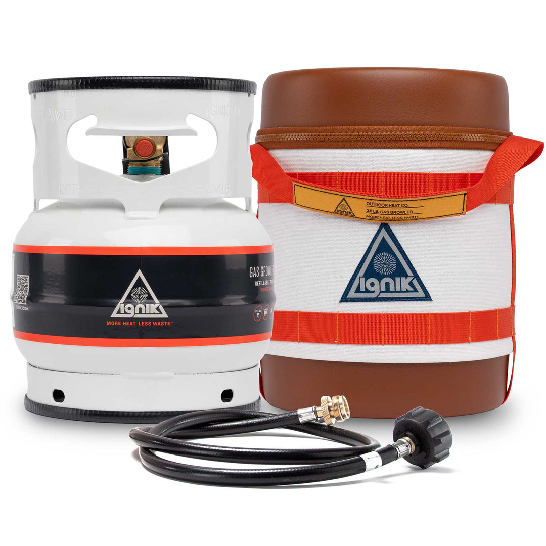 Refillable Gas Growler 3.8-pound propane tank with durable construction and rubber edging, ideal for outdoor cooking