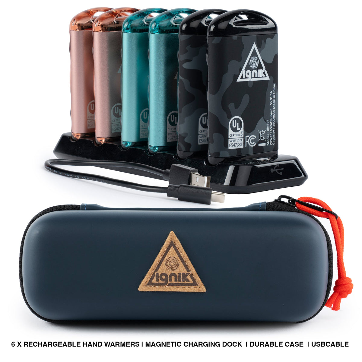 Ripple Rechargeable Hand Warmers 6-pack with rugged travel case- Assorted