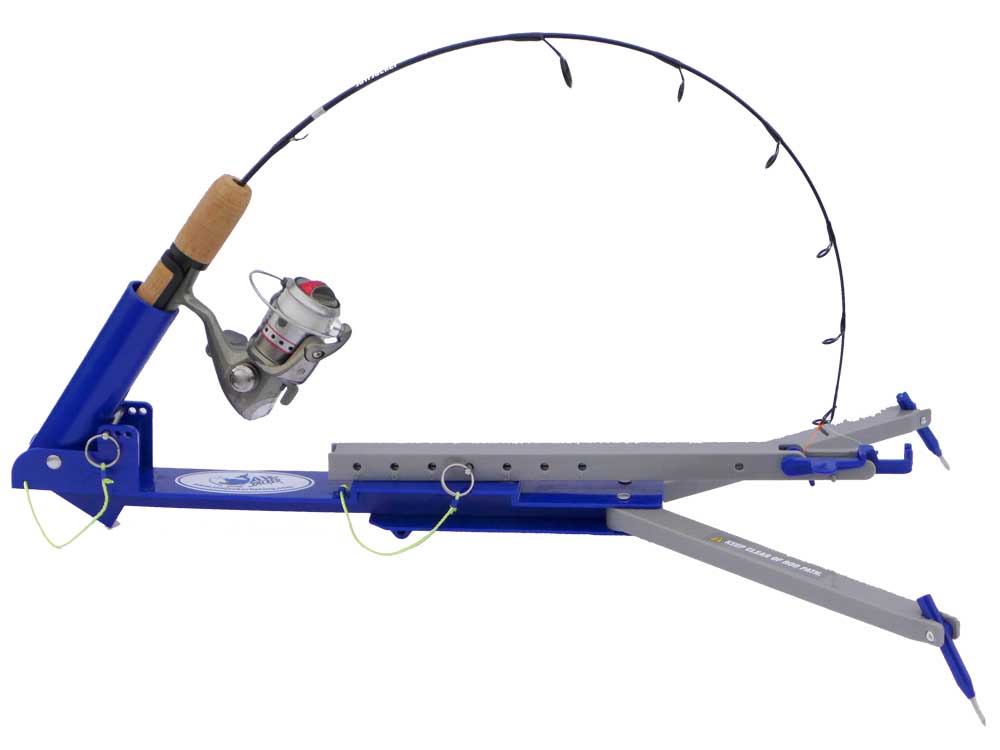 A lightweight and compact JawJacker ice fishing tool, made of durable ABS plastic, designed to automatically set the hook when a fish bites. Adjustable to fit rods up to 36 inches, shown folded for portability with rod tip loops included.