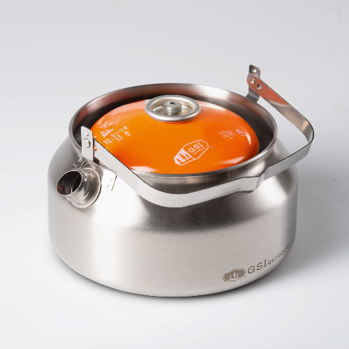 Front view of the Glacier Stainless 1 Qt camping tea kettle with ergonomic handle.