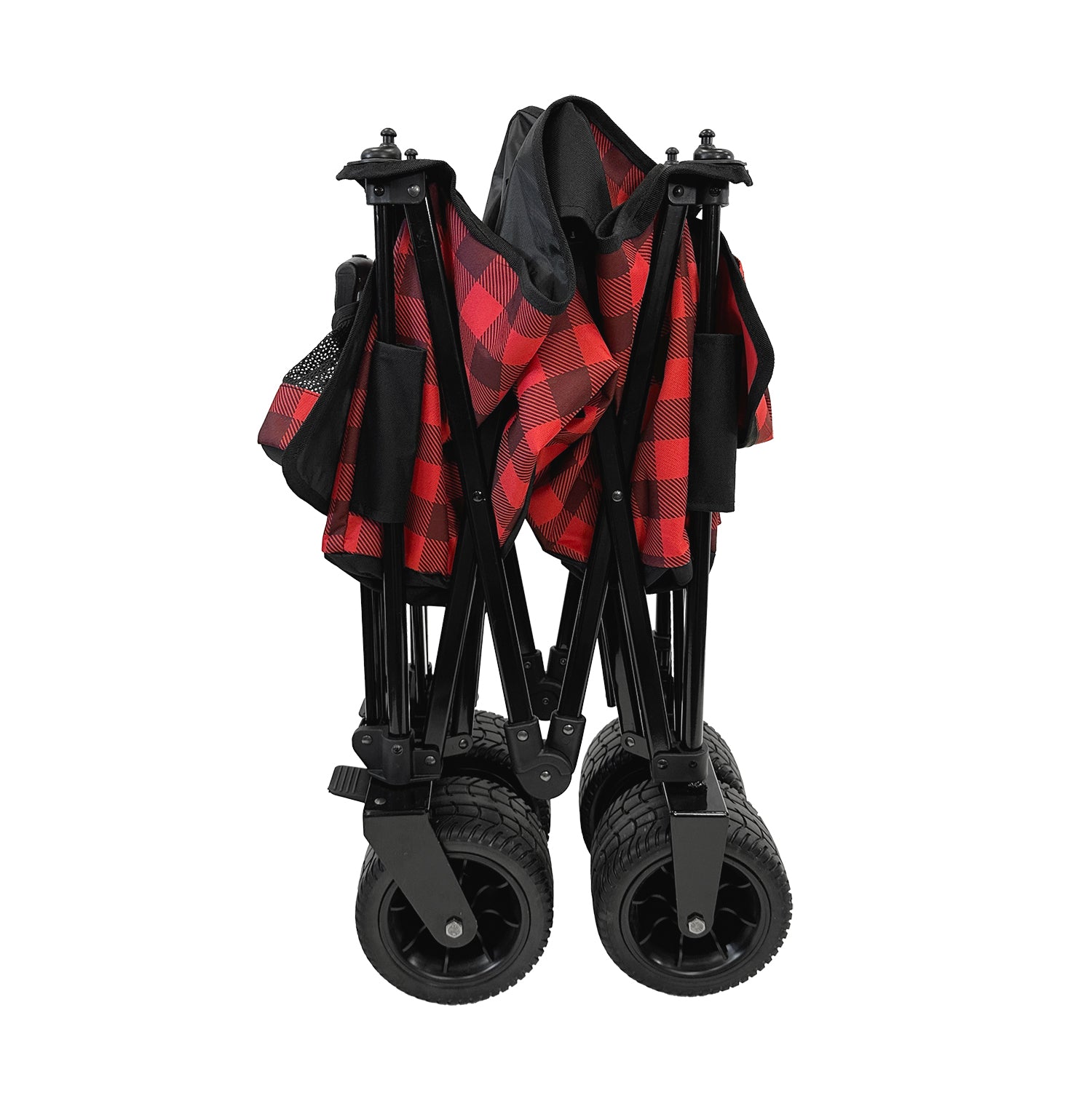 Side view of the Kodiak Utility Cart showcasing its strong black steel tube frame, aluminum folding table top, and accessory pouch with two front water bottle holders