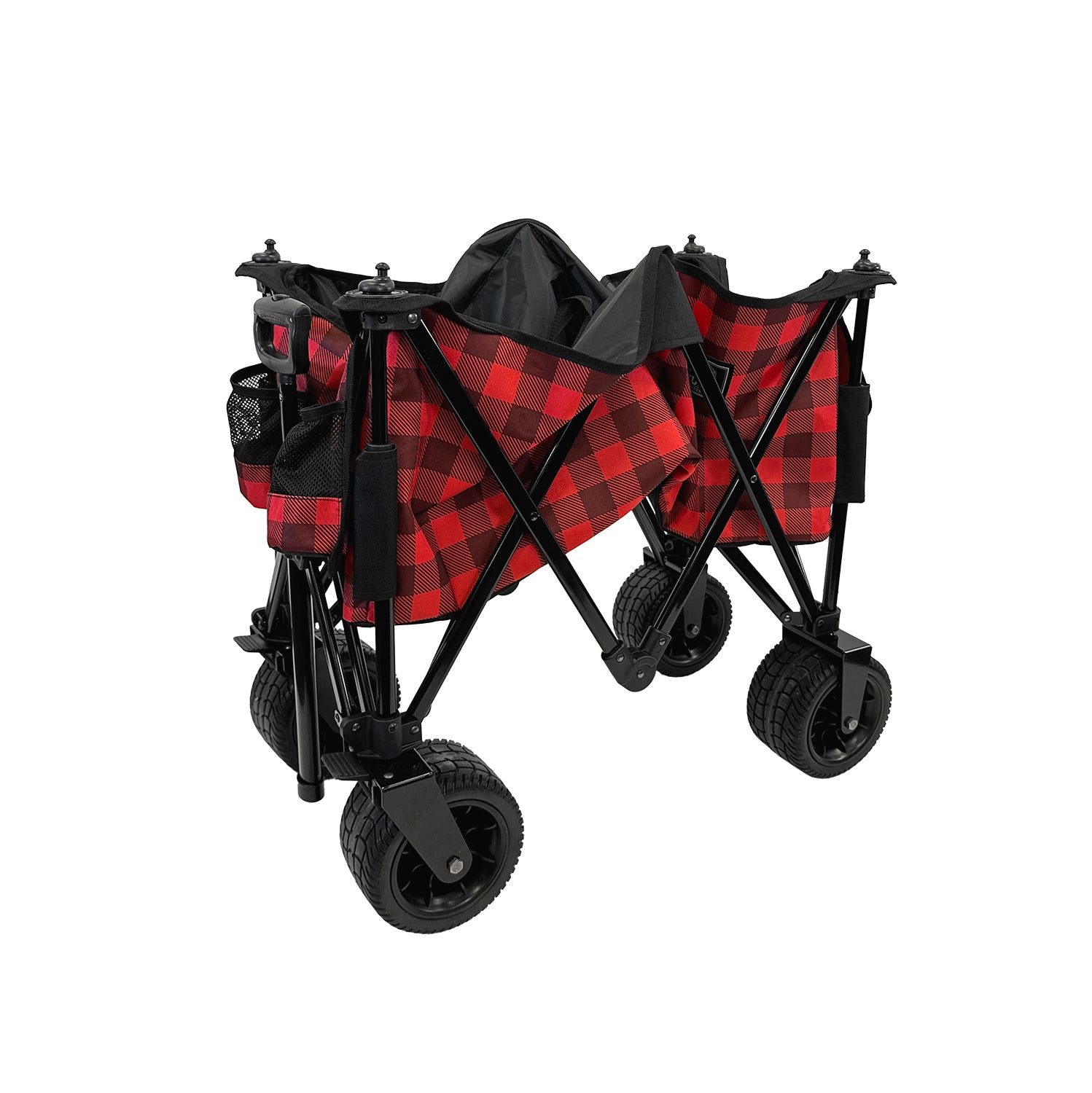 Top-down view of the Kodiak Utility Cart highlighting its spacious carrying area, aluminum folding table top, and large back pouch for extra storage