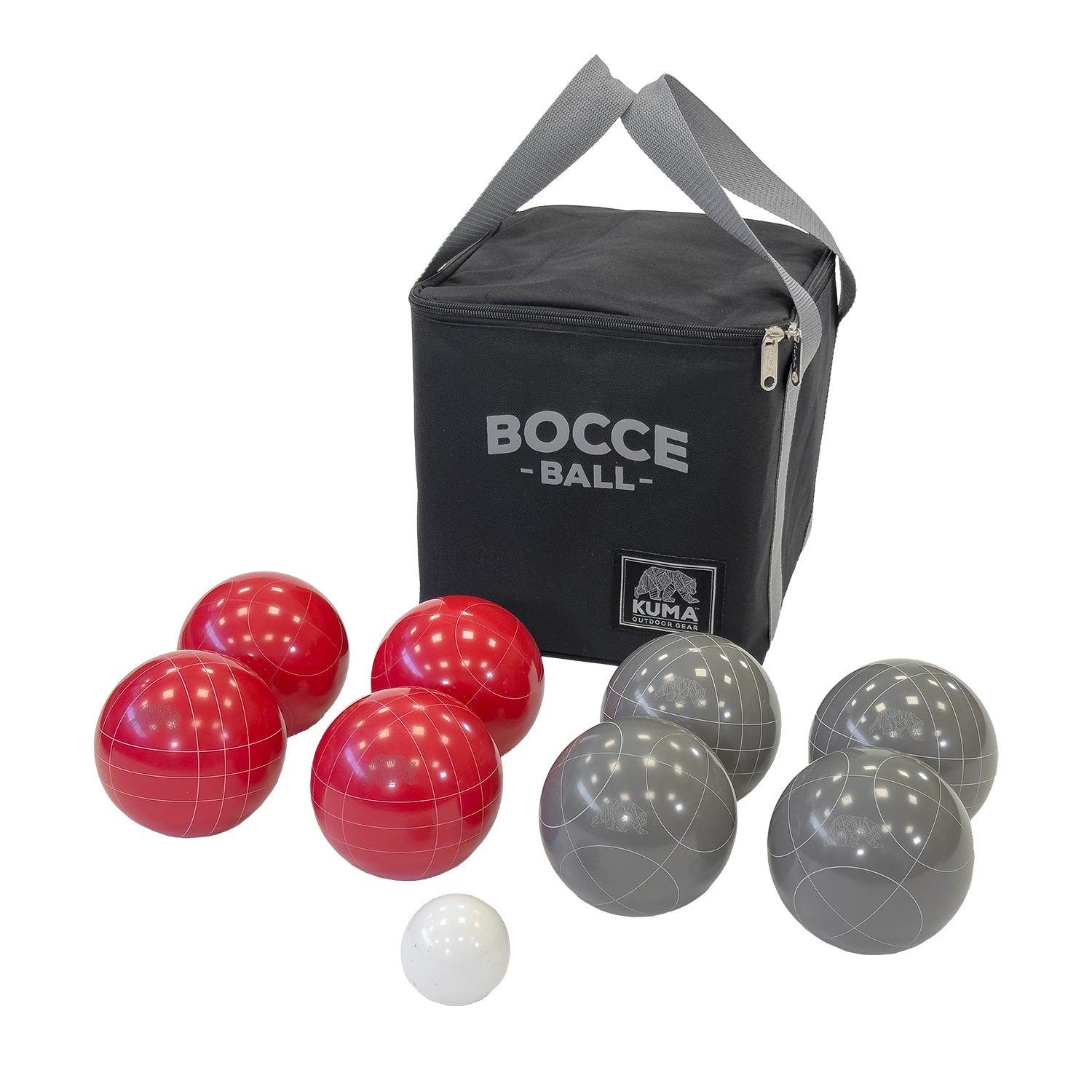 Kuma Classic Bocce Ball Set with red and grey poly-resin bocce balls and pallino