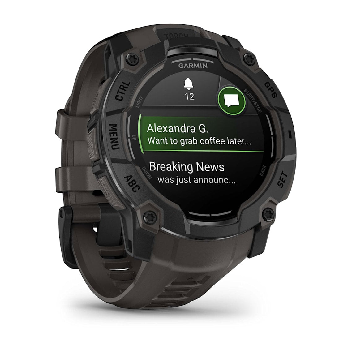 Garmin Instinct 3 GPS watch in rugged black design with scratch-resistant screen and built-in flashlight