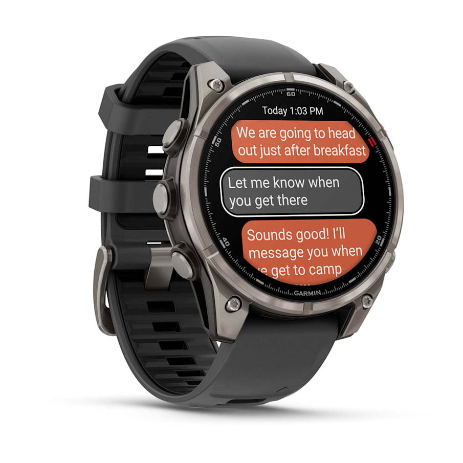 Side profile of Garmin Fēnix 8 Pro with titanium case and sapphire glass