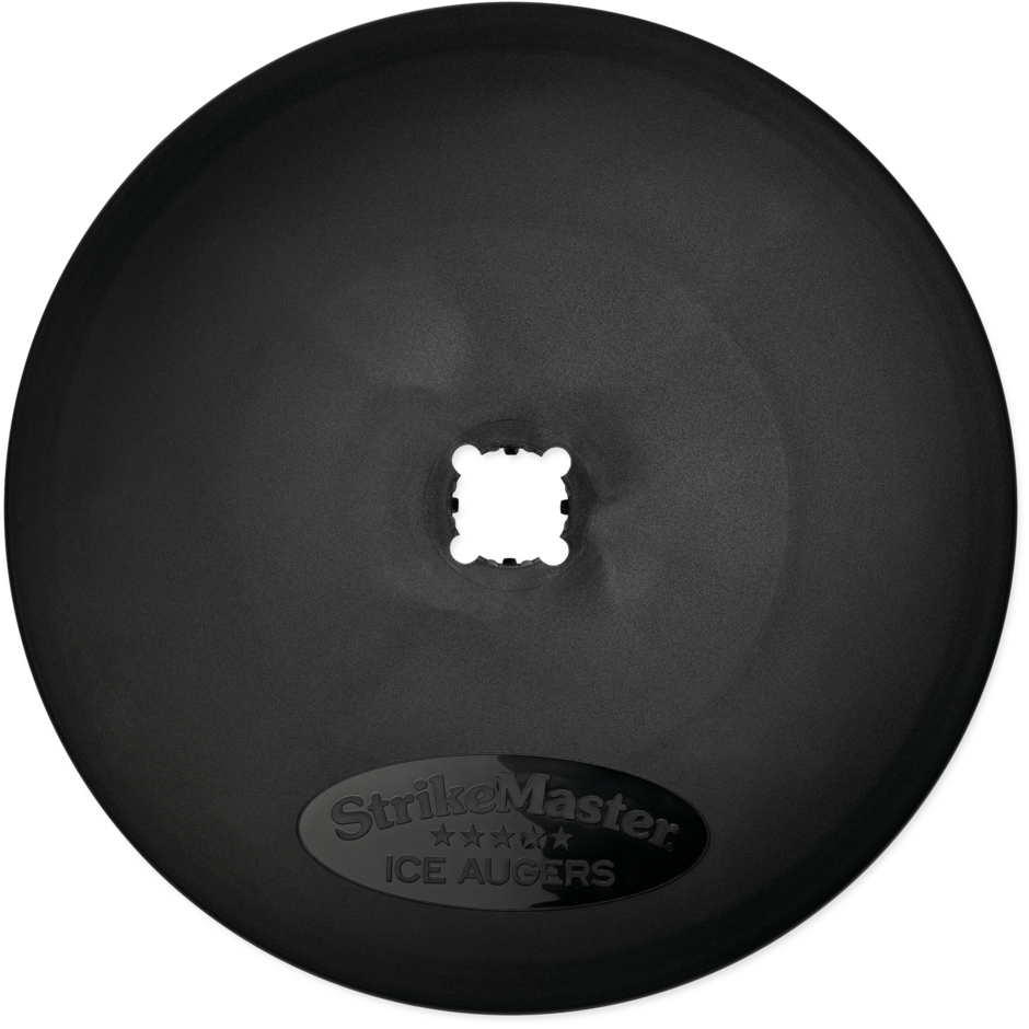 Black ice auger with 'StrikerMaster' logo on a white background