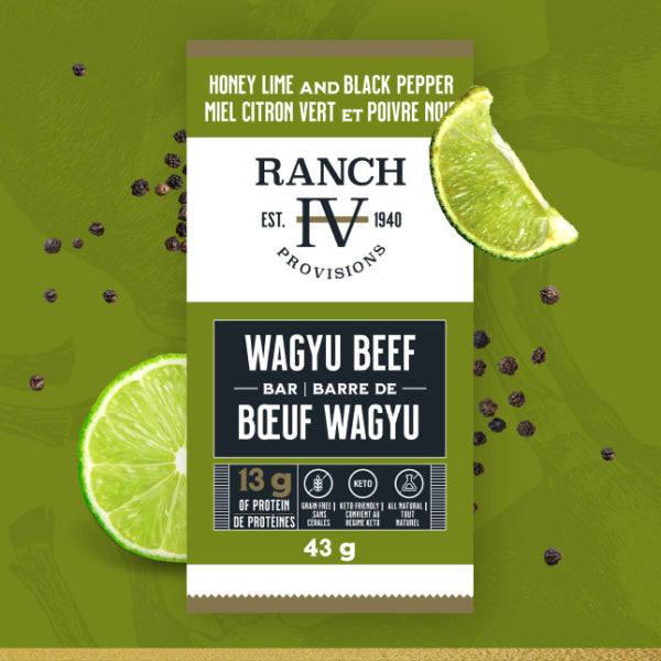 Premium protein meat bar featuring honey, lime, and cracked pepper with sustainably sourced Alberta Wagyu beef