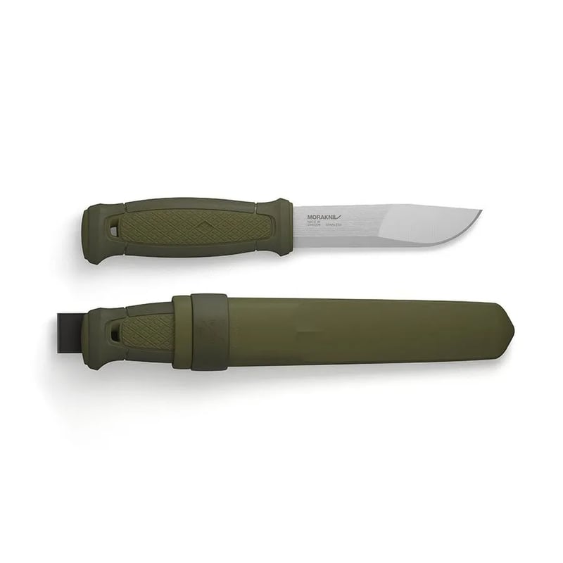 Morakniv Kansbol outdoor knife with ergonomic barrel-shaped polymer handle, recycled Swedish stainless steel blade, and finger guard, ideal for bushcraft and hunting