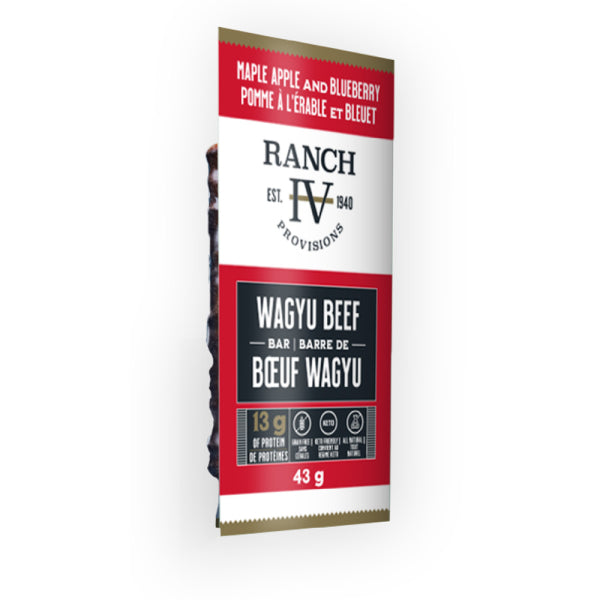 Maple Apple & Blueberry Wagyu beef protein bar made with Alberta Wagyu offering 13–14g protein per bar
