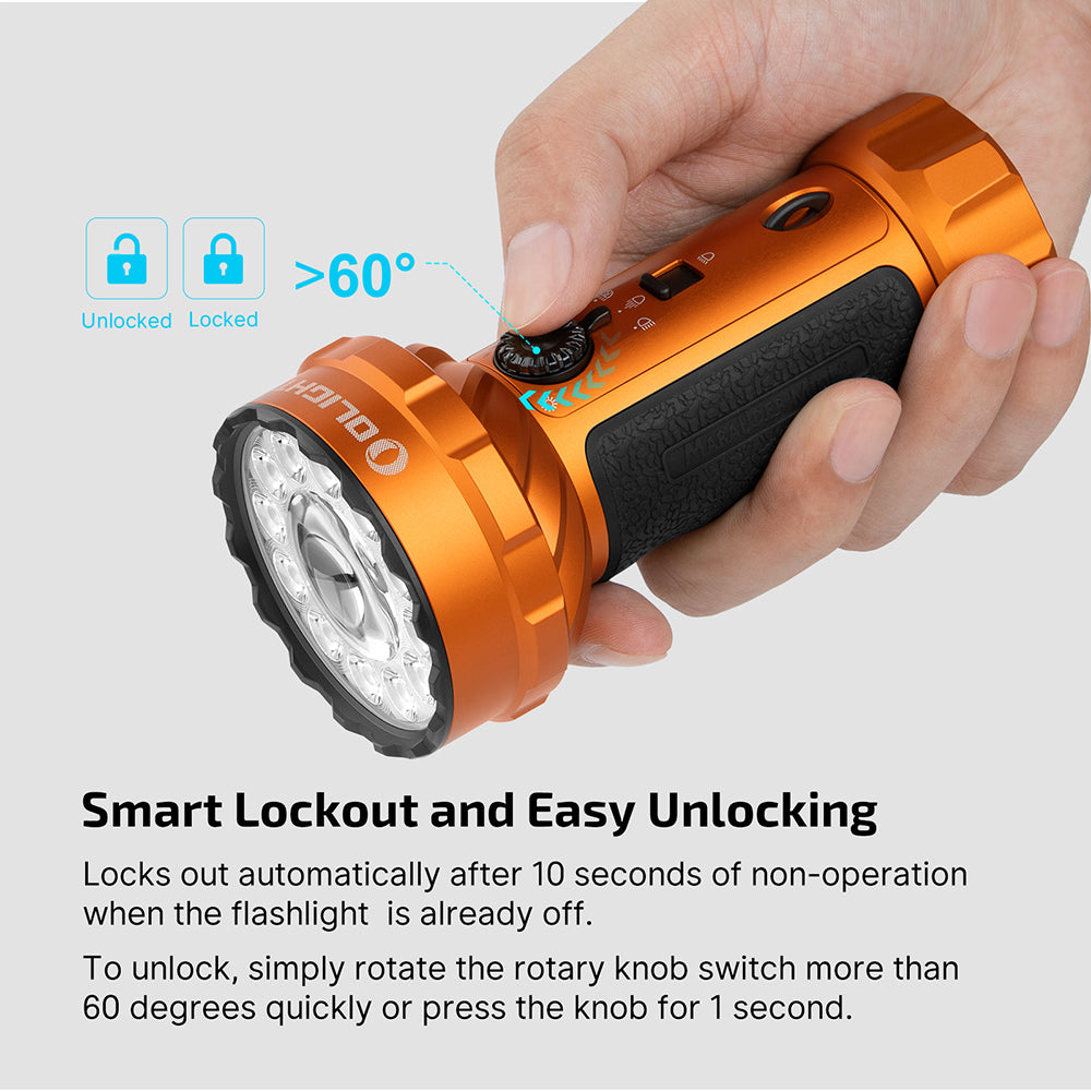 Olight Marauder Mini 2 flashlight with rotary selector toggle switch and brightness control knob