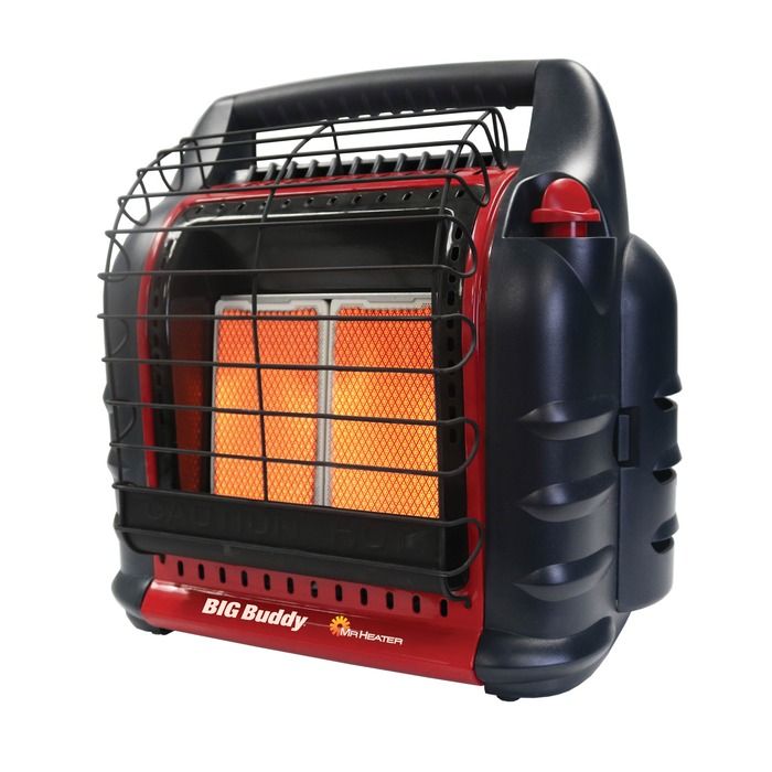 Mr. Heater Portable Buddy® Propane Heater, a red and black portable radiant heater designed for outdoor use. Features a compact, rugged design with a single control knob and a safety grill in front