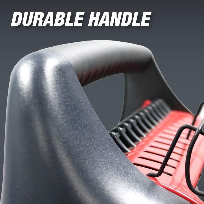Close-up of a durable handle on a red and black tool with 'DURABLE HANDLE' text above.