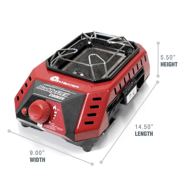 Red and black portable heater with dimensions labeled on a white background