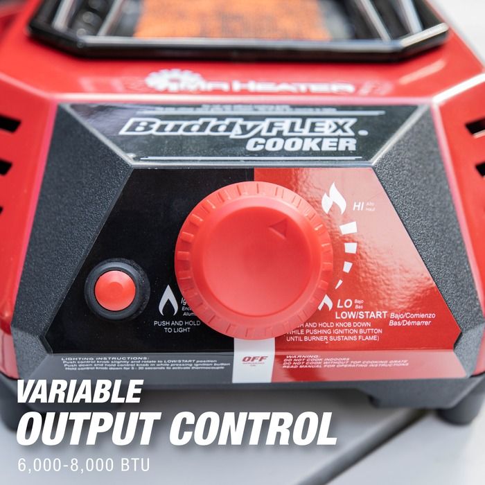 Buddy FLEX propane cooker with easy clean fiber mesh burner for efficient outdoor cooking