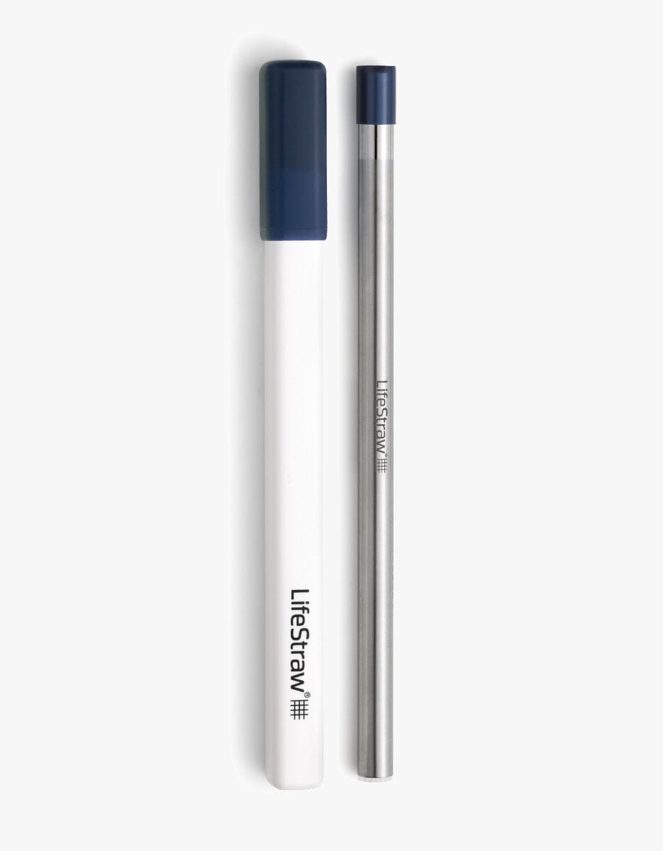 A sleek stainless steel reusable water filter straw with a compact, slim design, accompanied by a matching premium, black carry case. The straw has a silver finish with a slightly rounded tip for easy sipping Midnight Blue