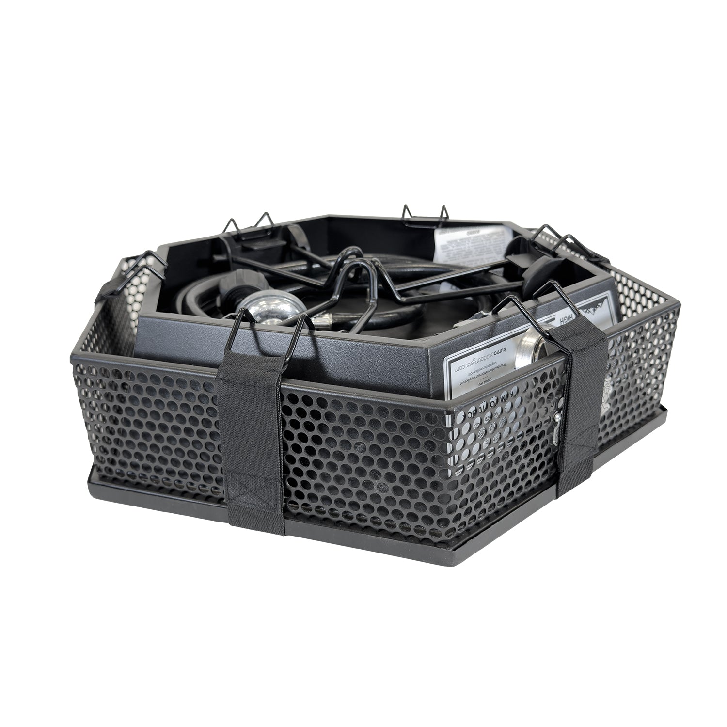 The fire bowl shown in its collapsed state with legs folded, lid secured, and carry strap attached for compact storage and transportation.