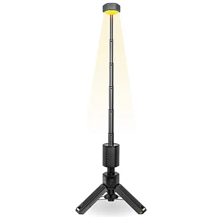 Rechargeable camping lantern with dual cool and warm LED light modes and three brightness levels.